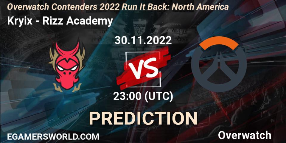Kryix contre Rizz Academy : prédiction de match. 30.11.2022 at 23:00. Overwatch, Overwatch Contenders 2022 Run It Back: North America