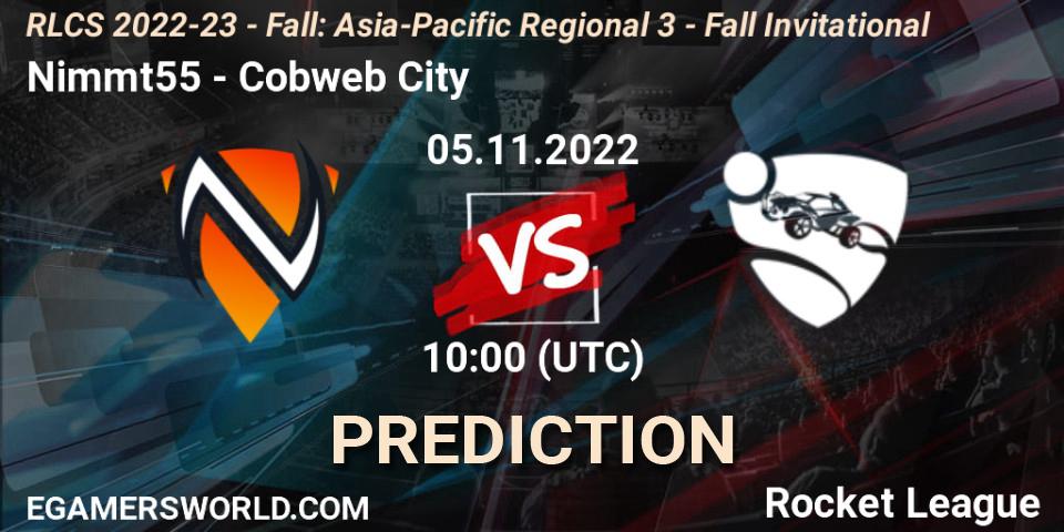 Nimmt55 contre Cobweb City : prédiction de match. 05.11.2022 at 10:00. Rocket League, RLCS 2022-23 - Fall: Asia-Pacific Regional 3 - Fall Invitational