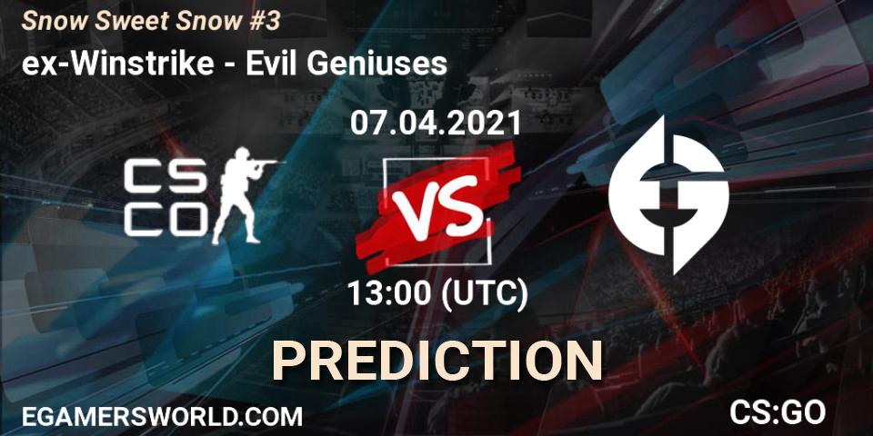 ex-Winstrike contre Evil Geniuses : prédiction de match. 07.04.2021 at 09:00. Counter-Strike (CS2), Snow Sweet Snow #3