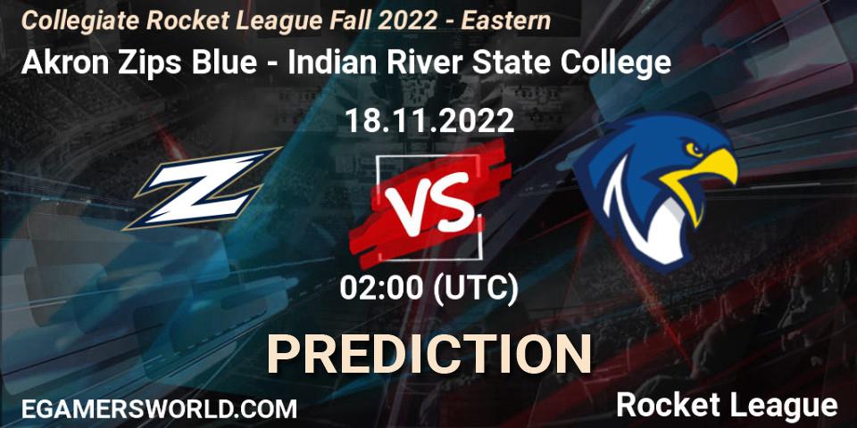 Akron Zips Blue contre Indian River State College : prédiction de match. 18.11.2022 at 01:00. Rocket League, Collegiate Rocket League Fall 2022 - Eastern