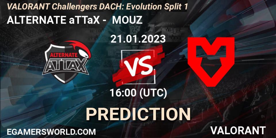 ALTERNATE aTTaX contre MOUZ : prédiction de match. 21.01.2023 at 16:00. VALORANT, VALORANT Challengers 2023 DACH: Evolution Split 1