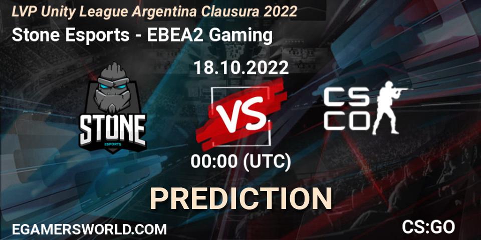 Stone Esports contre EBEA2 Gaming : prédiction de match. 18.10.2022 at 01:00. Counter-Strike (CS2), LVP Unity League Argentina Clausura 2022
