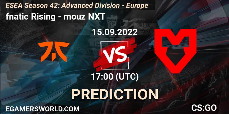 fnatic Rising contre mouz NXT : prédiction de match. 15.09.2022 at 17:00. Counter-Strike (CS2), ESEA Season 42: Advanced Division - Europe