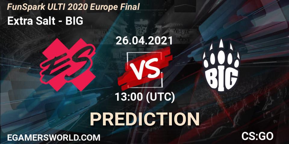 Extra Salt contre BIG : prédiction de match. 26.04.2021 at 13:00. Counter-Strike (CS2), Funspark ULTI 2020 Finals