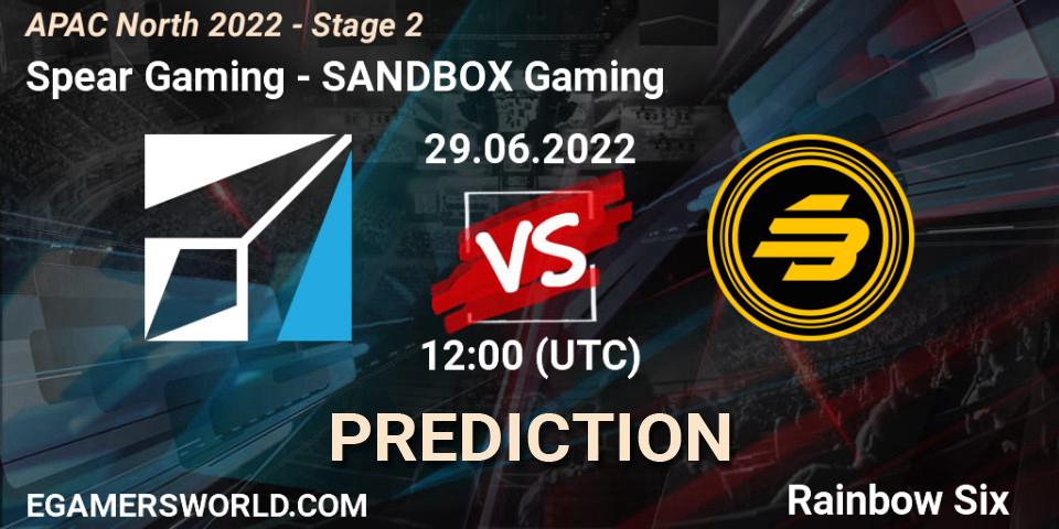 Spear Gaming contre SANDBOX Gaming : prédiction de match. 29.06.2022 at 12:00. Rainbow Six, APAC North 2022 - Stage 2