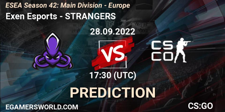 Exen Esports contre STRANGERS : prédiction de match. 28.09.2022 at 17:30. Counter-Strike (CS2), ESEA Season 42: Main Division - Europe
