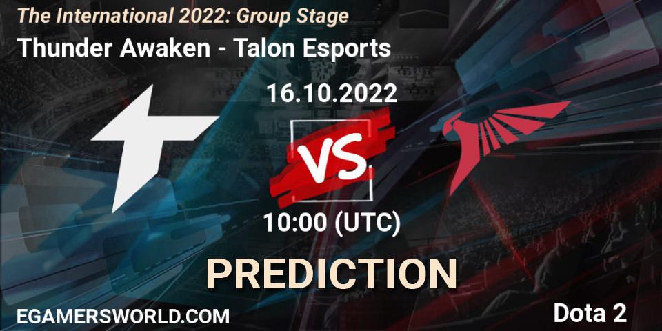 Thunder Awaken contre Talon Esports : prédiction de match. 16.10.2022 at 11:05. Dota 2, The International 2022: Group Stage