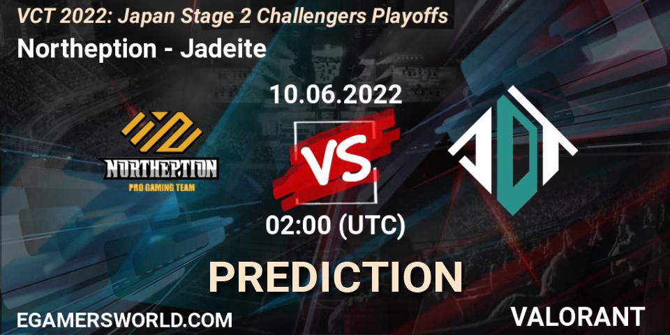 Northeption contre Jadeite : prédiction de match. 10.06.2022 at 02:00. VALORANT, VCT 2022: Japan Stage 2 Challengers Playoffs