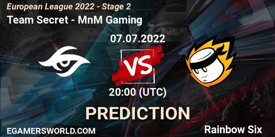 Team Secret contre MnM Gaming : prédiction de match. 07.07.2022 at 16:00. Rainbow Six, European League 2022 - Stage 2