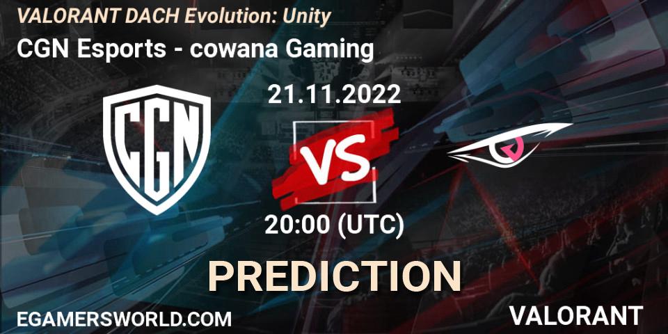 CGN Esports contre cowana Gaming : prédiction de match. 21.11.2022 at 20:00. VALORANT, VALORANT DACH Evolution: Unity