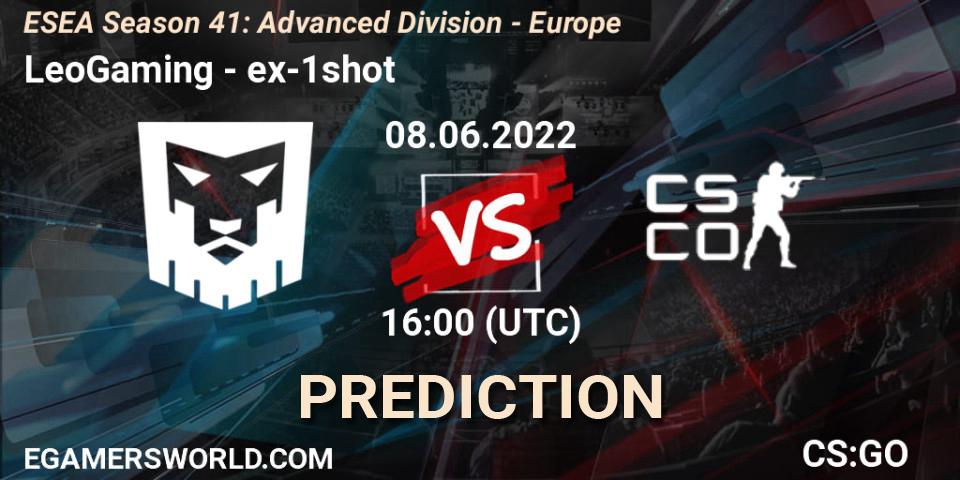 LeoGaming contre ex-1shot : prédiction de match. 08.06.2022 at 16:00. Counter-Strike (CS2), ESEA Season 41: Advanced Division - Europe