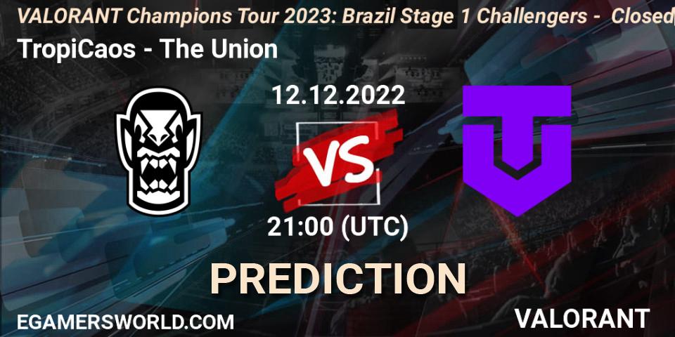 TropiCaos contre The Union : prédiction de match. 12.12.2022 at 21:00. VALORANT, VALORANT Champions Tour 2023: Brazil Stage 1 Challengers - Closed Qualifier