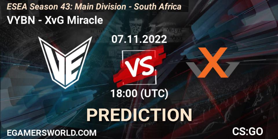 VYBN contre XvG Miracle : prédiction de match. 07.11.2022 at 18:00. Counter-Strike (CS2), ESEA Season 43: Main Division - South Africa