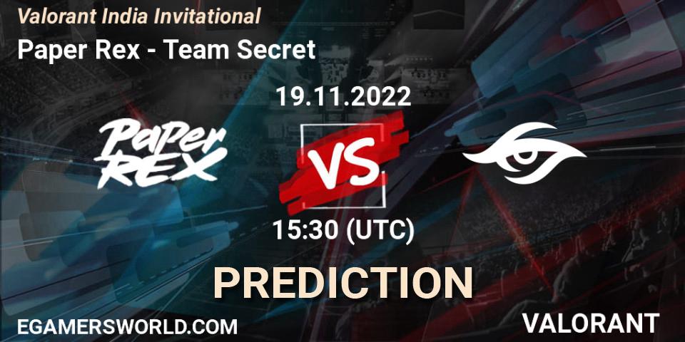 Paper Rex contre Team Secret : prédiction de match. 19.11.2022 at 15:30. VALORANT, Valorant India Invitational