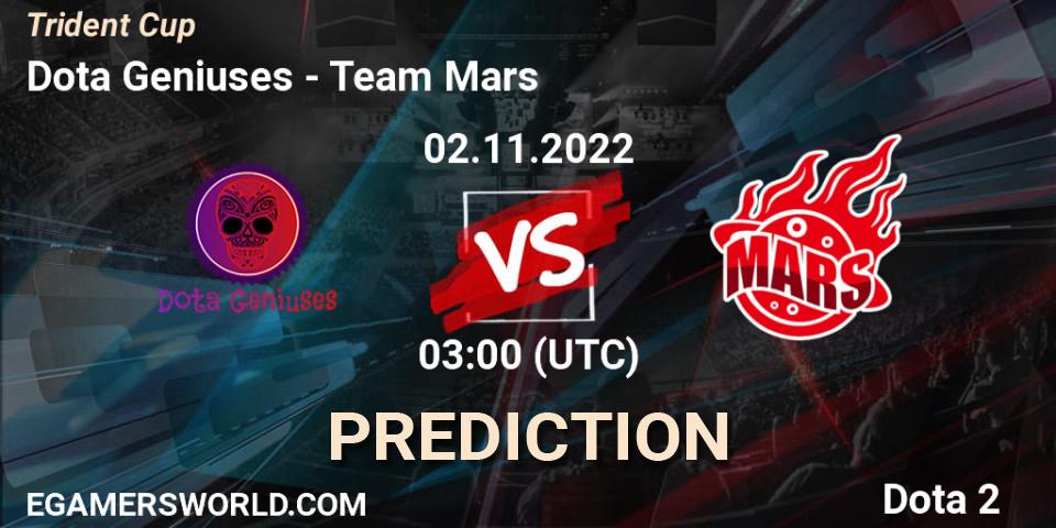 Dota Geniuses contre Team Mars : prédiction de match. 26.10.2022 at 06:59. Dota 2, Trident Cup