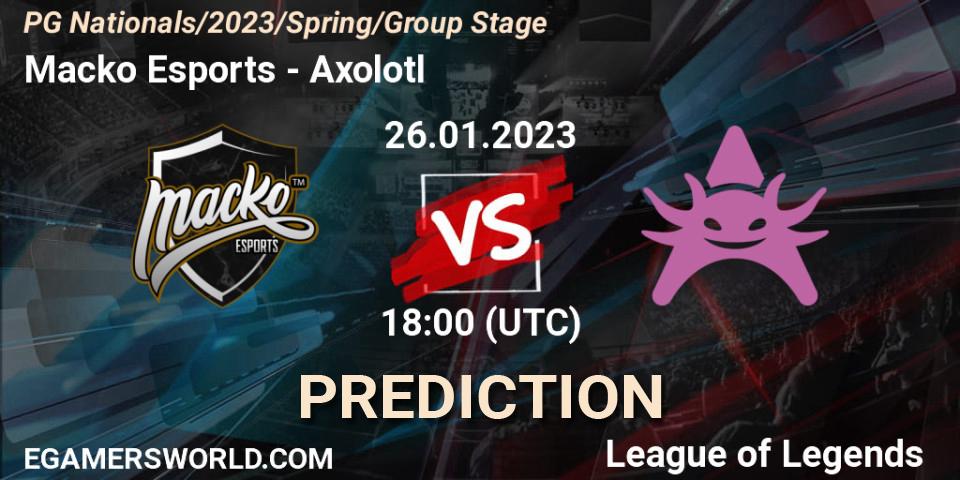 Macko Esports contre Axolotl : prédiction de match. 26.01.2023 at 21:15. LoL, PG Nationals Spring 2023 - Group Stage