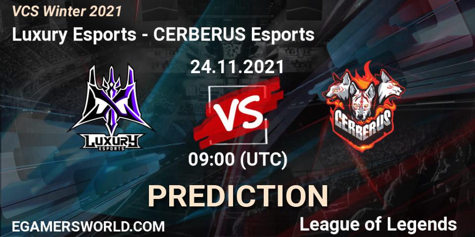 Luxury Esports contre CERBERUS Esports : prédiction de match. 24.11.2021 at 09:00. LoL, VCS Winter 2021