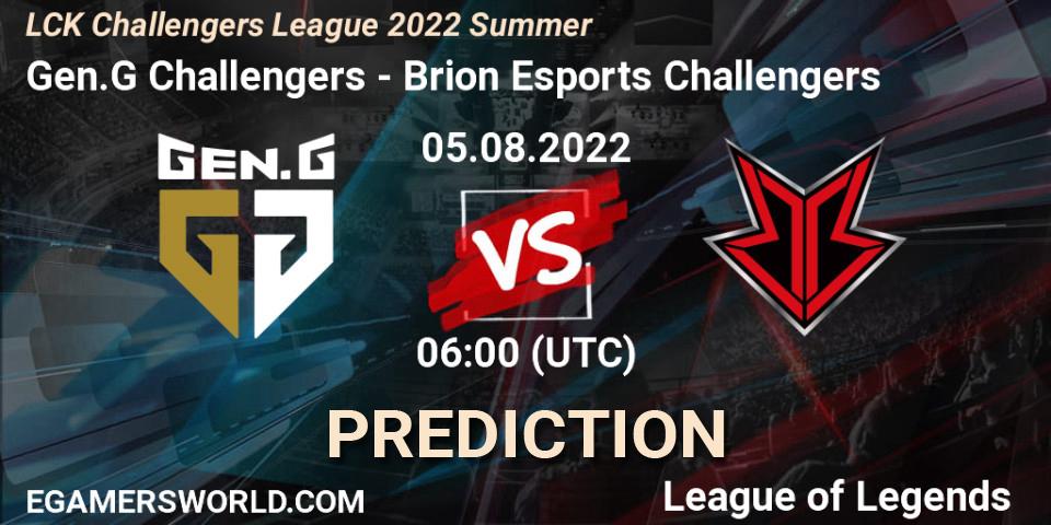 Gen.G Challengers contre Brion Esports Challengers : prédiction de match. 05.08.2022 at 06:00. LoL, LCK Challengers League 2022 Summer