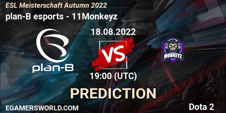 plan-B esports contre 11Monkeyz : prédiction de match. 18.08.2022 at 19:05. Dota 2, ESL Meisterschaft Autumn 2022
