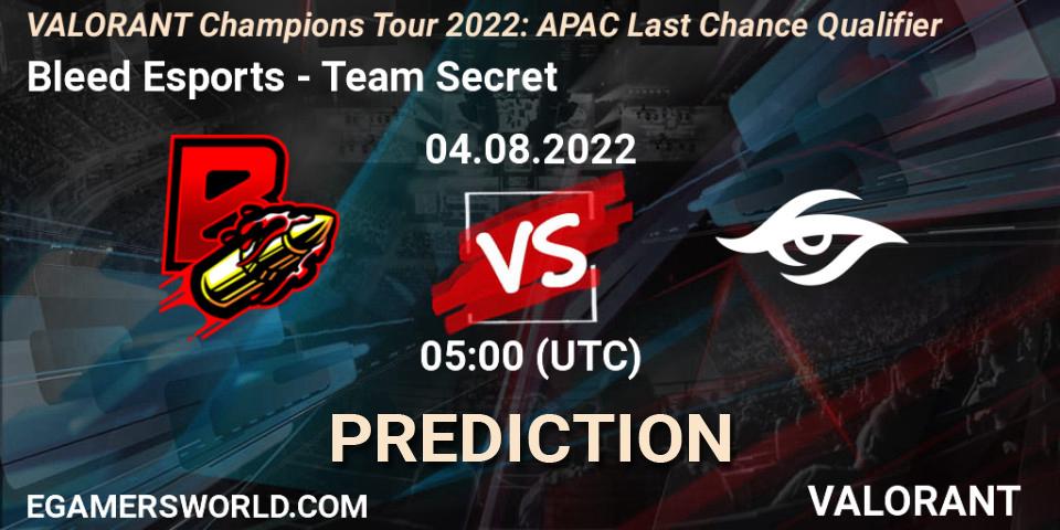Bleed Esports contre Team Secret : prédiction de match. 04.08.2022 at 05:00. VALORANT, VCT 2022: APAC Last Chance Qualifier