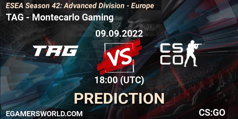 TAG contre Montecarlo Gaming : prédiction de match. 09.09.2022 at 18:00. Counter-Strike (CS2), ESEA Season 42: Advanced Division - Europe