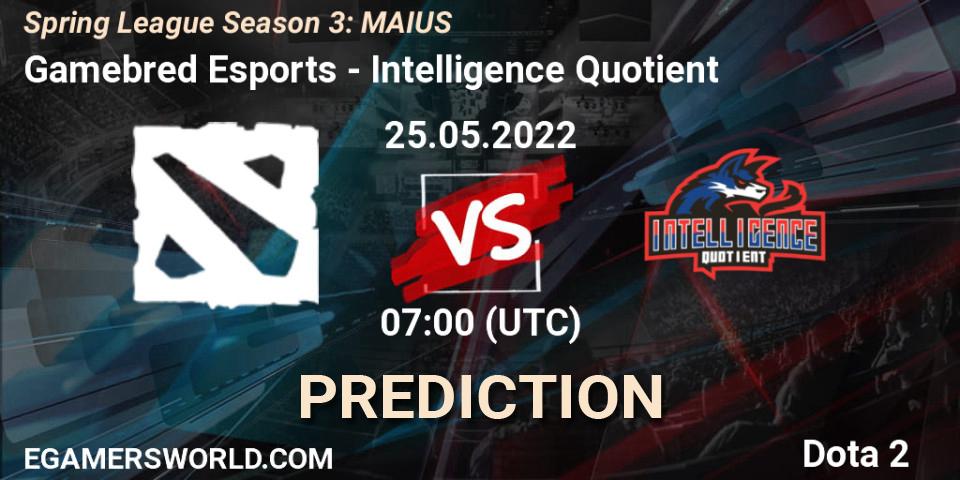 Gamebred Esports contre Intelligence Quotient : prédiction de match. 25.05.2022 at 07:07. Dota 2, Spring League Season 3: MAIUS