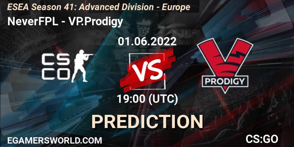 NeverFPL contre VP.Prodigy : prédiction de match. 01.06.2022 at 19:00. Counter-Strike (CS2), ESEA Season 41: Advanced Division - Europe