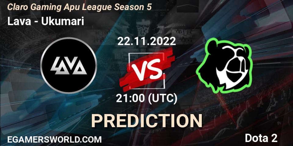 Lava contre Ukumari : prédiction de match. 22.11.2022 at 21:24. Dota 2, Claro Gaming Apu League Season 5