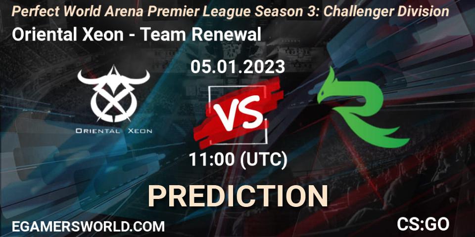 Oriental Xeon contre Team Renewal : prédiction de match. 05.01.2023 at 11:00. Counter-Strike (CS2), Perfect World Arena Premier League Season 3: Challenger Division