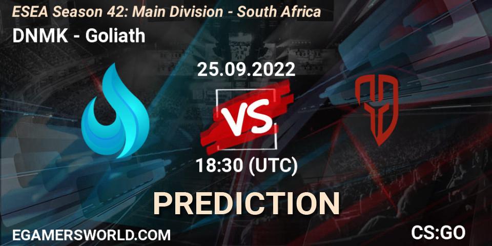 DNMK contre Goliath : prédiction de match. 26.09.2022 at 18:30. Counter-Strike (CS2), ESEA Season 42: Main Division - South Africa