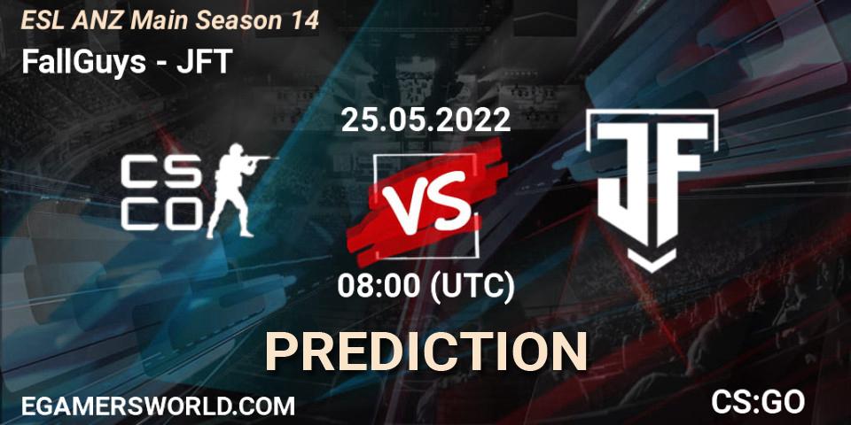 FallGuys contre JFT : prédiction de match. 25.05.2022 at 08:00. Counter-Strike (CS2), ESL ANZ Main Season 14