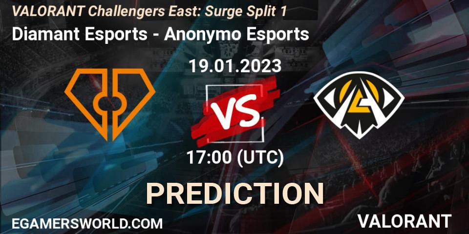 Diamant Esports contre Anonymo Esports : prédiction de match. 19.01.23. VALORANT, VALORANT Challengers 2023 East: Surge Split 1