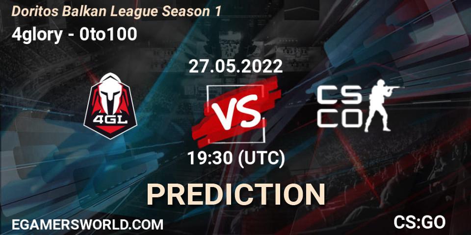 4glory contre 0to100 : prédiction de match. 27.05.2022 at 20:00. Counter-Strike (CS2), Doritos Balkan League Season 1