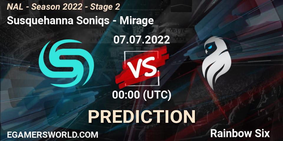 Susquehanna Soniqs contre Mirage : prédiction de match. 07.07.2022 at 00:00. Rainbow Six, NAL - Season 2022 - Stage 2