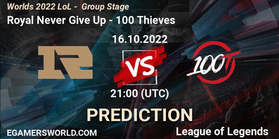 Royal Never Give Up contre 100 Thieves : prédiction de match. 16.10.2022 at 21:00. LoL, Worlds 2022 LoL - Group Stage