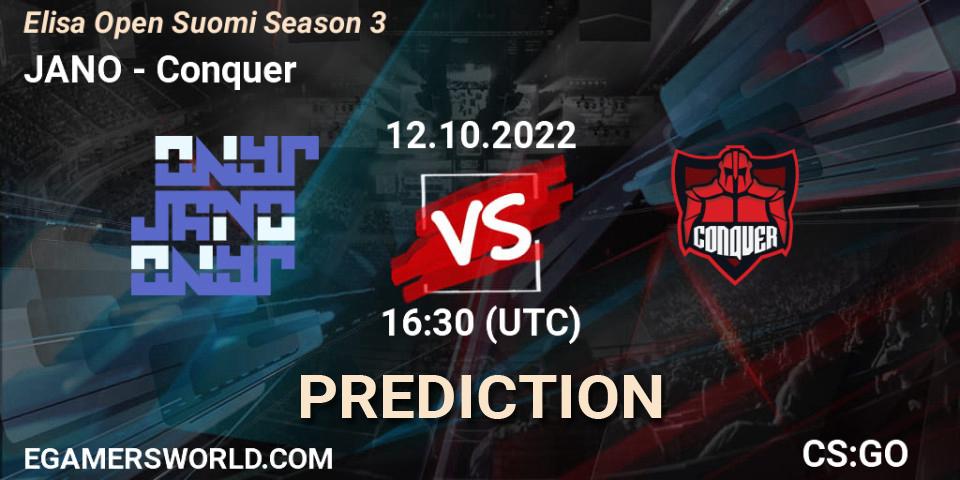 JANO contre Conquer : prédiction de match. 12.10.2022 at 16:30. Counter-Strike (CS2), Elisa Open Suomi Season 3