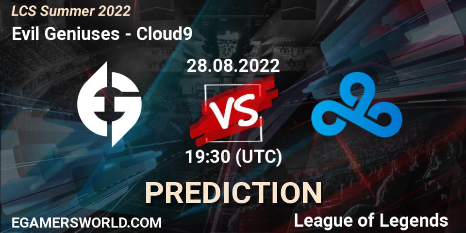 Evil Geniuses contre Cloud9 : prédiction de match. 28.08.2022 at 20:00. LoL, LCS Summer 2022