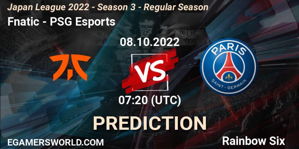 Fnatic contre PSG Esports : prédiction de match. 08.10.2022 at 07:20. Rainbow Six, Japan League 2022 - Season 3 - Regular Season