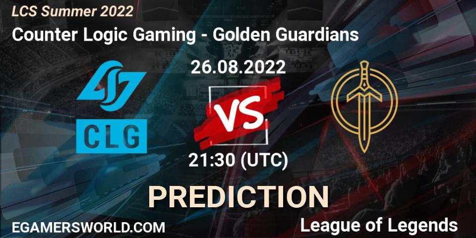 Counter Logic Gaming contre Golden Guardians : prédiction de match. 26.08.2022 at 20:00. LoL, LCS Summer 2022