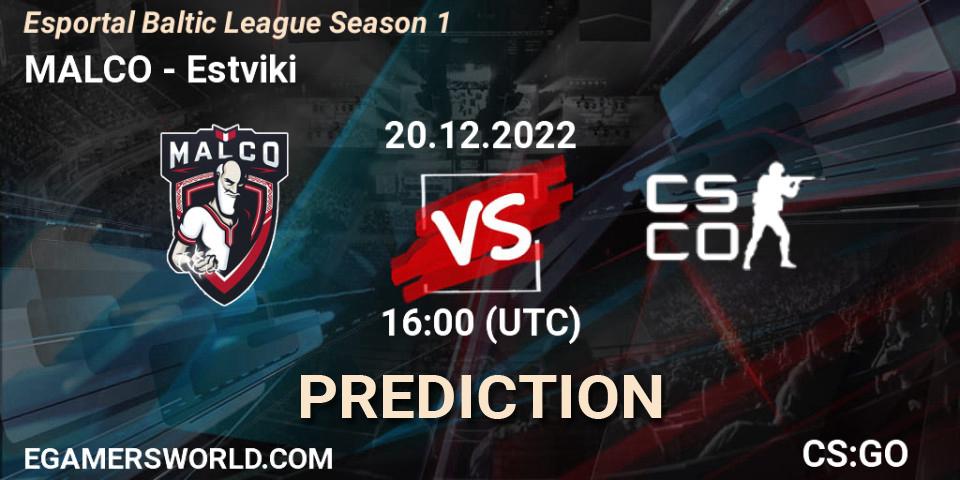 MALCO contre Estviki : prédiction de match. 20.12.2022 at 16:00. Counter-Strike (CS2), Esportal Baltic League Season 1