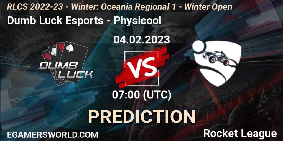 Dumb Luck Esports contre Physicool : prédiction de match. 04.02.2023 at 07:00. Rocket League, RLCS 2022-23 - Winter: Oceania Regional 1 - Winter Open