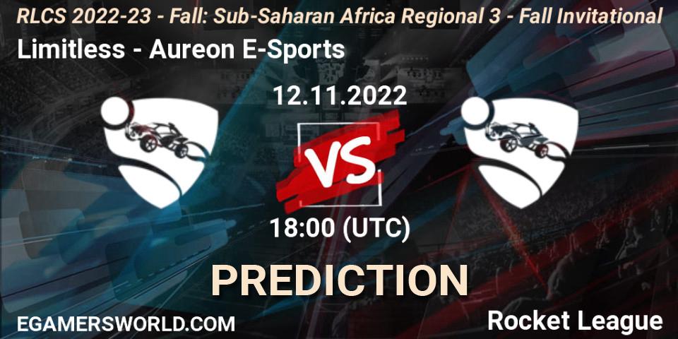Limitless contre Aureon E-Sports : prédiction de match. 12.11.2022 at 18:00. Rocket League, RLCS 2022-23 - Fall: Sub-Saharan Africa Regional 3 - Fall Invitational