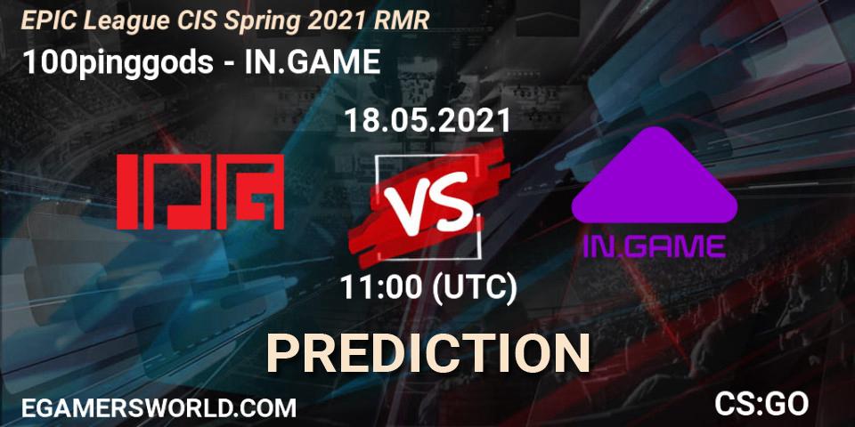 100pinggods contre IN.GAME : prédiction de match. 18.05.2021 at 12:15. Counter-Strike (CS2), EPIC League CIS Spring 2021 RMR