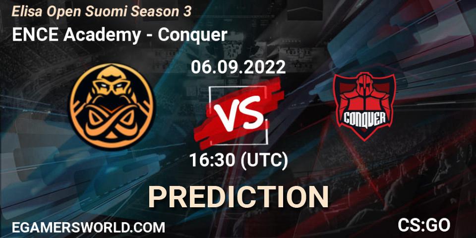 ENCE Academy contre Conquer : prédiction de match. 06.09.2022 at 16:30. Counter-Strike (CS2), Elisa Open Suomi Season 3