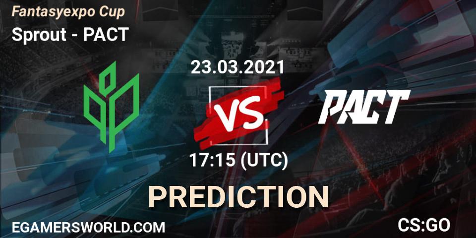 Sprout contre PACT : prédiction de match. 23.03.2021 at 17:25. Counter-Strike (CS2), Fantasyexpo Cup Spring 2021