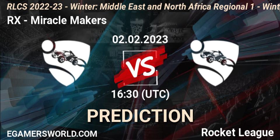RX contre Miracle Makers : prédiction de match. 02.02.2023 at 16:30. Rocket League, RLCS 2022-23 - Winter: Middle East and North Africa Regional 1 - Winter Open