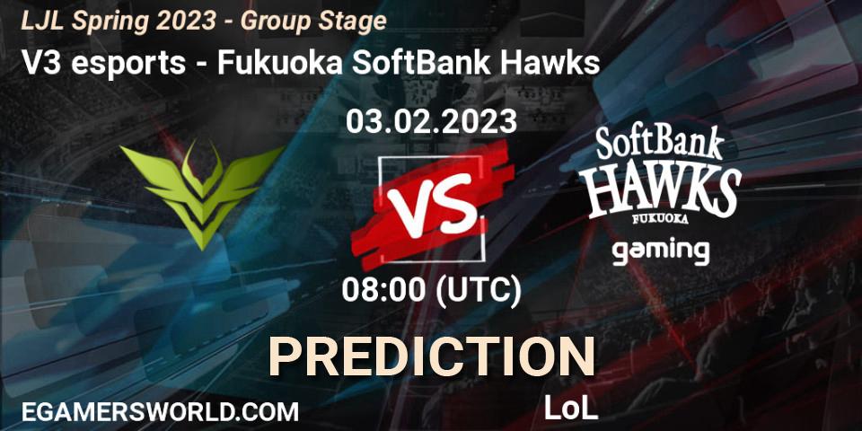 V3 esports contre Fukuoka SoftBank Hawks : prédiction de match. 03.02.2023 at 08:00. LoL, LJL Spring 2023 - Group Stage