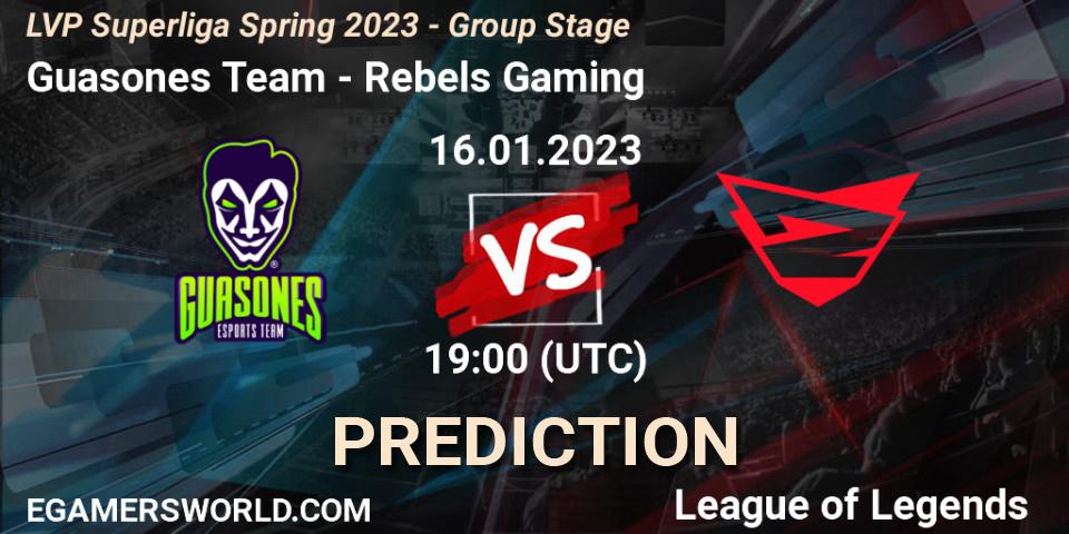 Guasones Team contre Rebels Gaming : prédiction de match. 16.01.2023 at 19:00. LoL, LVP Superliga Spring 2023 - Group Stage