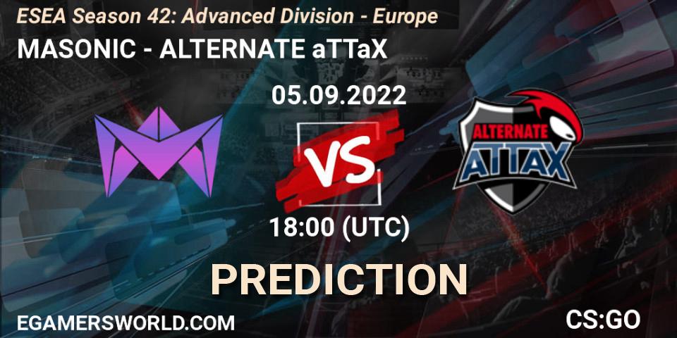 MASONIC contre ALTERNATE aTTaX : prédiction de match. 05.09.2022 at 18:00. Counter-Strike (CS2), ESEA Season 42: Advanced Division - Europe