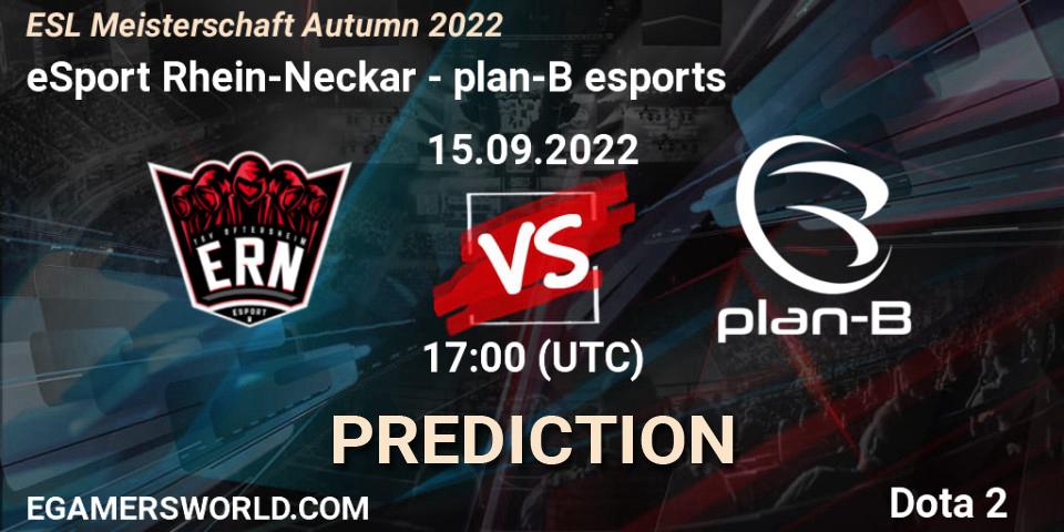 eSport Rhein-Neckar contre plan-B esports : prédiction de match. 15.09.2022 at 17:00. Dota 2, ESL Meisterschaft Autumn 2022